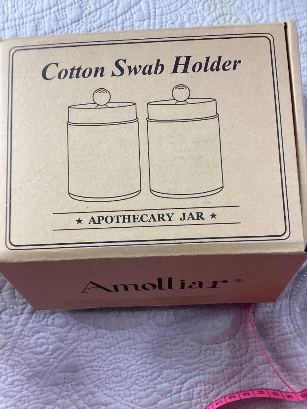 Amolliar Apothecary Glass Jar Set of 2* Lids*Labels For Cotton Balls & Swabs*NIB